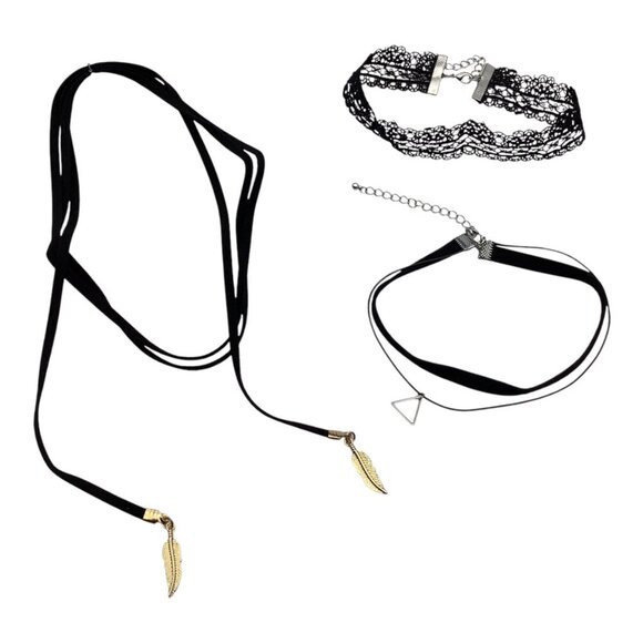 Set Of 3 Black Chokers With Gold Feather & Geometric Triangle Charms Adjustable - Picture 1 of 5